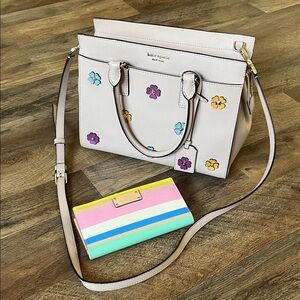 Kate Spade Cameron Spade Flower Applique Medium Satchel Light Tan, w/ KS Wallet